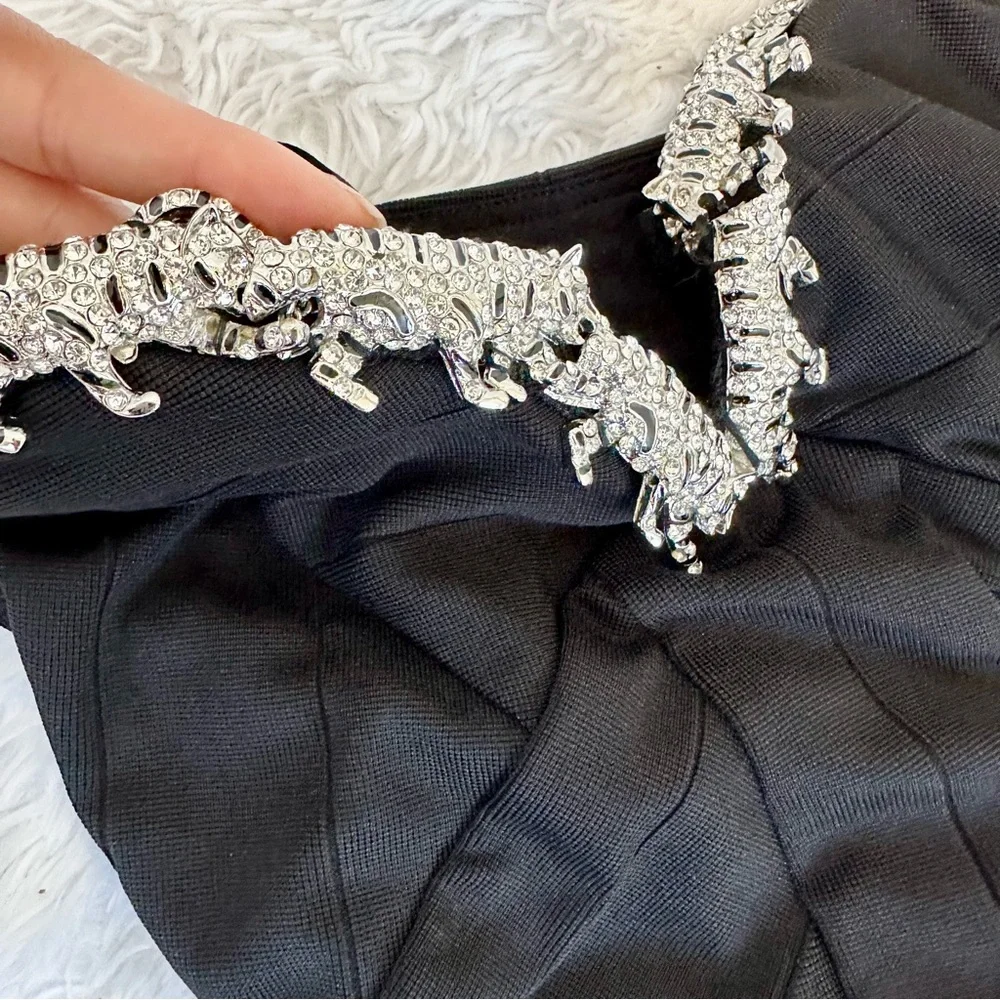 Sky Black Strapless Bandage Tiger Rhinestone Dress - Picture 5 of 14